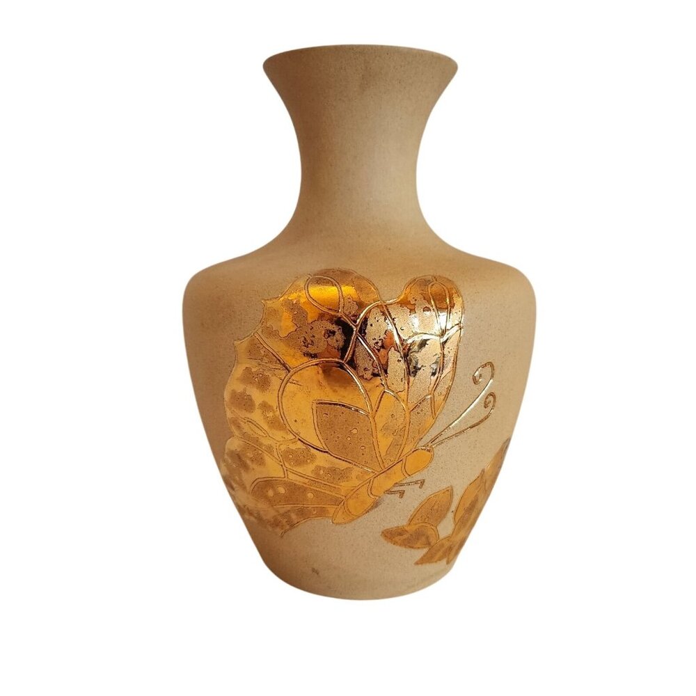 Vintage 1984 Mcm Gold Butterfly and Flowers Vase 8.75" Signed ME